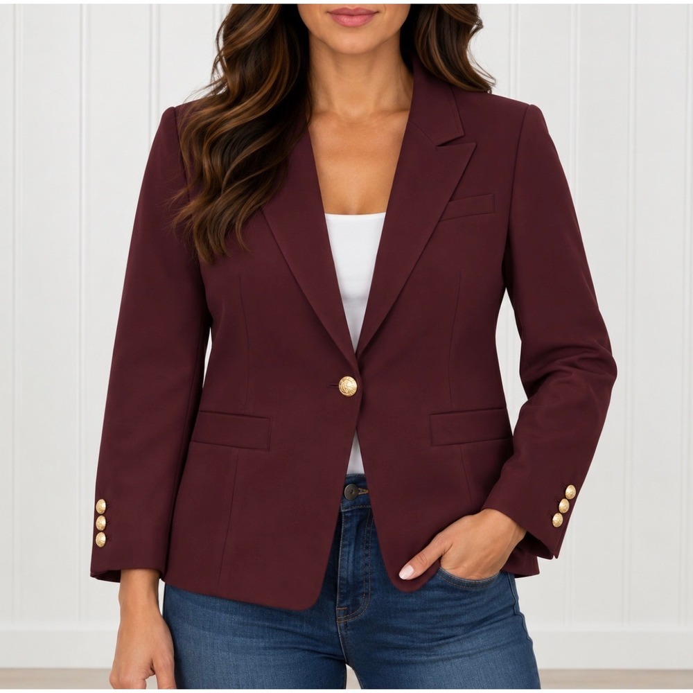 Talbots Blazer (12) Burgundy Good Gold Crest Button Single Button Jacket